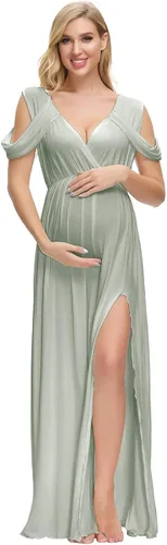 VSNOW Vestido de maternidad para sesión de fotos hombros descubiertos manga caída vestido de accesorio de fotos vestido dividido maxi vestidos de