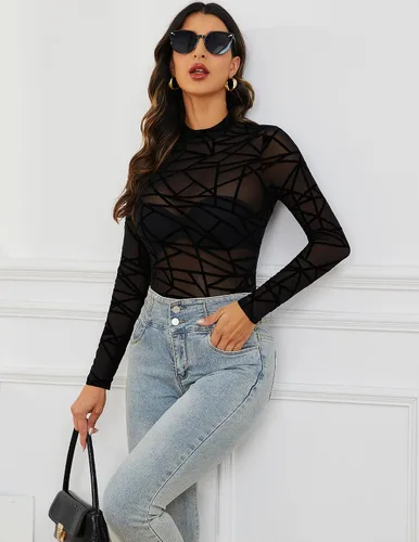 Miniatura 3 de GAMISS Camisetas de malla para mujer, manga larga, cuello alto, ajustadas, color liso y floral, tallas S-XXL