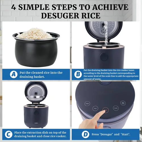 Miniatura 5 de Hakka - Arrocera baja en carbohidratos, olla de arroz desuger de 7 funciones, 4 tazas de arroz sin cocer con vapor de acero inoxidable, mini olla