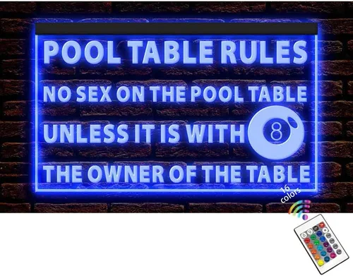 230130 Mesa de billar Rules No Sex On It Unless With 8 Game Room Home Decor Display LED Light Letrero de neón (12 x 8 pulgadas, 16 colores por 16