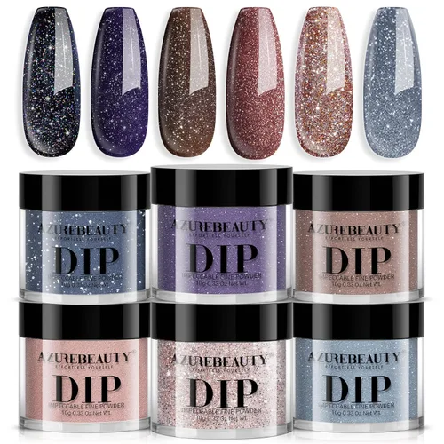 Miniatura 11 de AZUREBEAUTY Juego de uñas en polvo de inmersión, 6 colores con purpurina, rojo, verde, plateado, dorado, kit de iniciación de polvo de inmersión