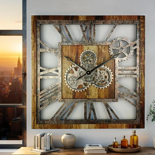 Miniatura 5 de ImprovingLife The Gears Clock - Reloj de pared cuadrado con engranaje móvil real de 24 pulgadas, estilo vintage, industrial, de gran tamaño, casa
