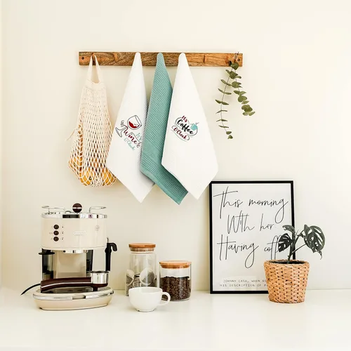 Miniatura 8 de Luzia Coffee O'Clock - Toallas de cocina, elegantes y absorbentes, toallas bordadas de algodón turco con tejido de gofre, juego de tres