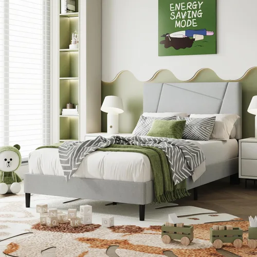 Miniatura 13 de IOILORI - Base de cama tamaño Full con cabecera tapizada en terciopelo de diseño geométrico, estructura robusta y listones de madera, silenciosa,