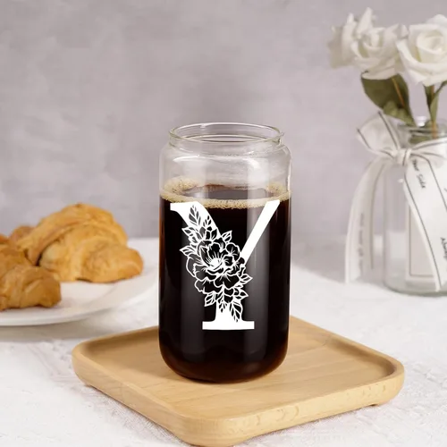 Miniatura 7 de Taza de Vidrio Inicial Coolife, Regalos Personalizados con Monograma para Mujeres, Tazas de Vidrio de 16 oz con Tapas y Popotes, Taza de Café