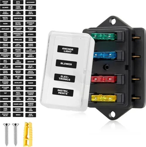 RED WOLF Soporte de caja de bloque de fusibles de hoja de 4 vías con circuito estándar de 10 V-32 V CC para automóvil, camión, barco, marina, RV,
