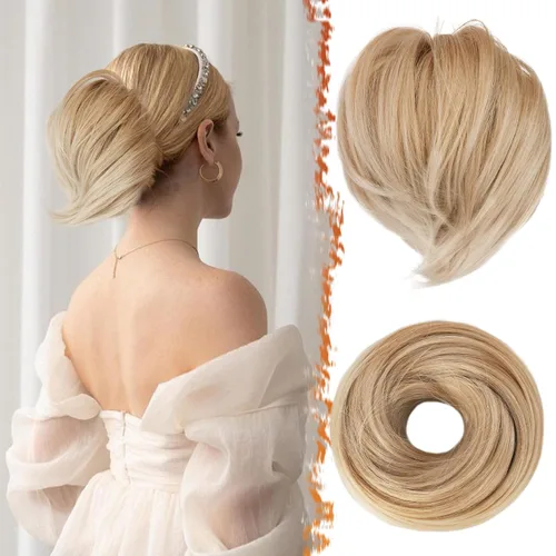 Miniatura 11 de BARSDAR Extensión de cola de caballo y moño de pelo de cobre, extensiones de moño corto sintético liso elástico para mujer, moños desordenados