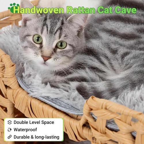 Miniatura 5 de Cueva de ratán tejida a mano para gatos con dos cojines, camas para gatos, casa de gatitos interior, impermeable y plegable, color blanco, 16.5