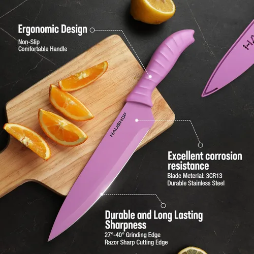 Miniatura 3 de HAUSHOF Juego de cuchillos de cocina, juego de 12 cuchillos coloridos con 6 fundas para cocina, cuchillas de acero inoxidable con revestimiento
