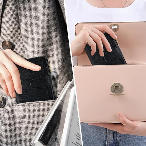 Miniatura 8 de Airkit Cartera para mujer, pequeña cartera de cuero para mujer, plegable, compacta, con bloqueo RFID, tarjetero de crédito, mini bolso de viaje