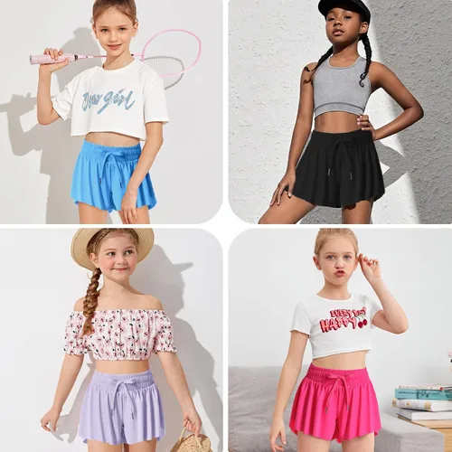 Miniatura 5 de Paquete de 2 pantalones cortos de mariposa para niños y niñas, pantalones cortos holgados con bolsillo 2 en 1, pantalones cortos deportivos