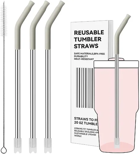 Miniatura 19 de Pajitas de metal rectas para vaso Stanley de 40 onzas, paquete de 3 popotes reutilizables de acero inoxidable con puntas de silicona y cepillo Gris