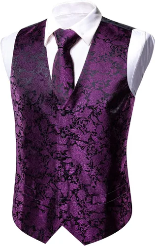 Miniatura 5 de Barry.Wang Chaleco de traje con cuello en V de cachemira para hombre, chaleco de jacquard de seda formalocio, conjunto de 5 piezas