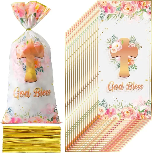 Hotop 100 bolsas de celofán de bautismo, bolsa de regalo de bautismo, bolsas de dulces con 150 lazos, suministros de decoración de fiesta de primera