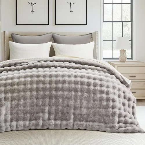 Miniatura 24 de EverGrace - Manta ultra suave de lujo, esponjosa, de pelo sintético de conejo, gruesa, cálida, de burbujas, para cama, mantas reversibles de felpa
