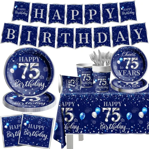 Miniatura 9 de Juego de vajilla de 142 piezas para decoración de cumpleaños número 50, color plateado y azul, suministros de fiesta de cumpleaños número 50