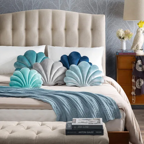 Miniatura 2 de Ashler - Almohadas 3D con forma de concha, cojín de terciopelo suave incluido para sofá, cama, sala de estar, paquete de 1, azul claro, 14 x 11