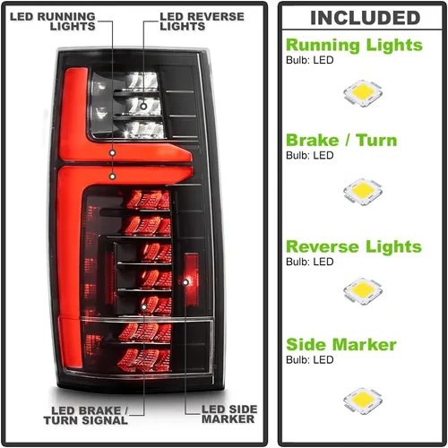 Miniatura 2 de KEEKPO - Para 2007-2013 Chevy Suburban 1500 2500 Tahoe GMC Yukon Luces de cola traseras completas LED negras con lámparas de freno, juego Negro ónice