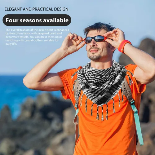 Miniatura 6 de 3 piezas de turbante Shemagh Keffiyeh bufanda turbante árabe, turbante a cuadros con flecos, bufanda táctica para acampar al aire libre, accesorio