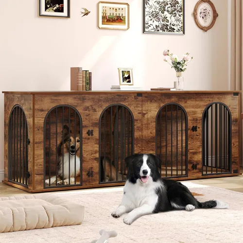 Miniatura 20 de Hzuaneri Mueble de jaula para perros de 88.4 pulgadas para 2 perros, soporte de TV para perreras de interior resistente, jaula de madera XXL