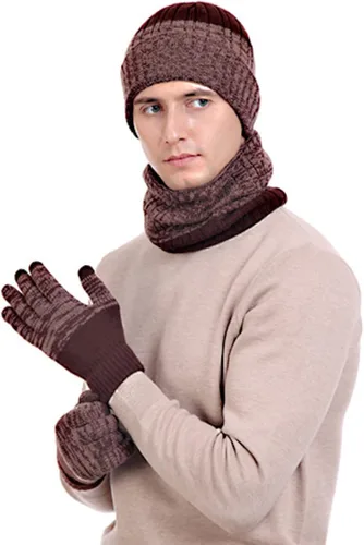 Miniatura 6 de RANOME Conjunto de guantes de bufanda de invierno para hombre 3 piezas gorros de punto guantes de cuello calentadores de cuello para mujer gorros
