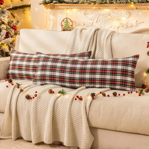 Miniatura 19 de AQOTHES Juego de 2 fundas de almohada decorativas a cuadros de Navidad para decoración rústica de casa, tartán escocés, verde, 22 x 22 pulgadas