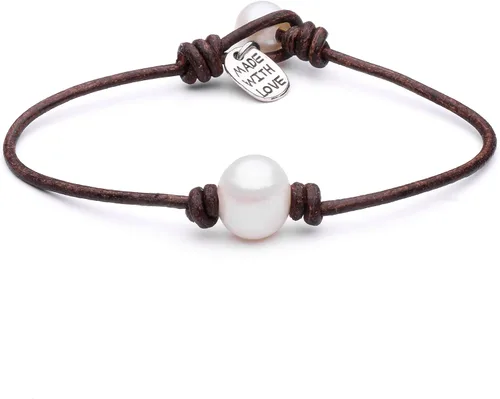 Pulsera cultivada de agua dulce de una sola perla hecha a mano de cuero genuino pulsera de ágata Malaquita Tiger Eyes con encanto joyería sintética