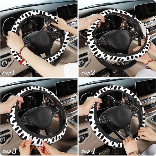 Miniatura 7 de Funda de volante con puntos negros abstractos, protector elástico antideslizante para volante, decoración interior de automóvil para mujeres