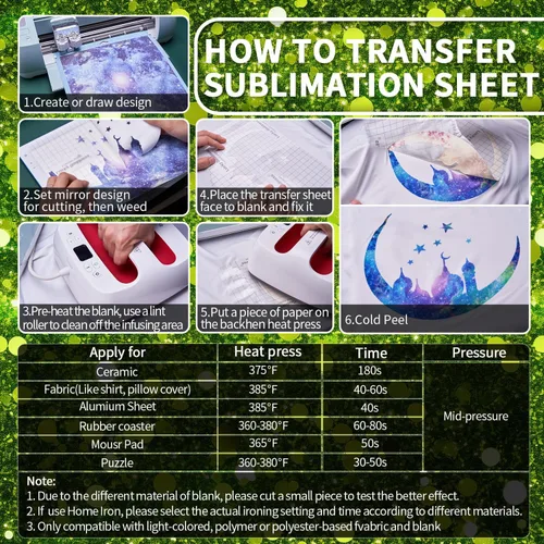 Miniatura 6 de Hojas de transferencia de sublimación con purpurina verde para máquina de prensa de calor, papel de transferencia de sublimación de 12 x 12 pulgadas