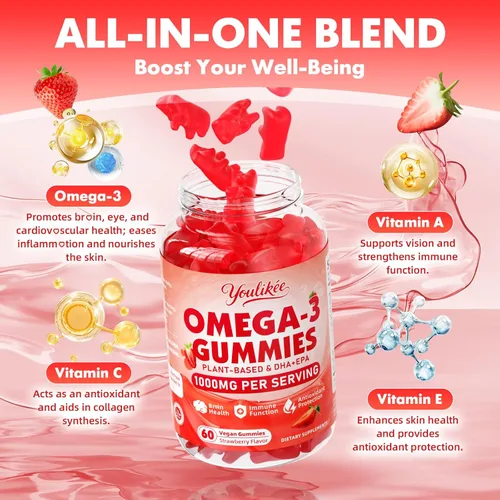 Miniatura 4 de Gomitas veganas Omega-3 de 1000 mg, alternativa al aceite de pescado Omega 3 para adultos, DHA a base de plantas de 460 mg y EPA 230 mg con vitamina