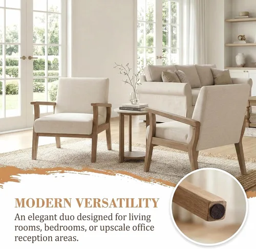 Miniatura 3 de HNY Sillas modernas de mediados de siglo, sillas decorativas de lino con marco de madera maciza, sillón para sala de estar, dormitorio, oficina