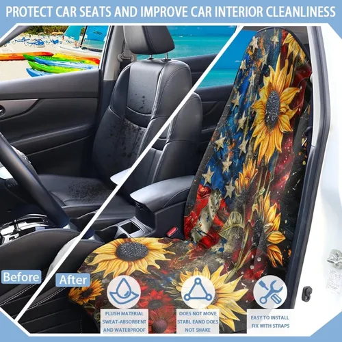 Miniatura 8 de Fundas de Asiento de Coche con Diseño de Sudadera de Girasol y Bandera Estadounidense para Coche, Camión, SUVs, Protector de Asiento Impermeable
