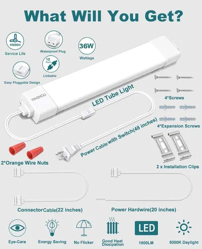 Miniatura 8 de WNSNOU Lámpara de Tubo LED con Enchufe, Luz Utilitaria de Tienda de 1.4 pies, 1800 LM, 5000 K, Luz de Gabinete Enlazable para Garaje, Cocina, Baño