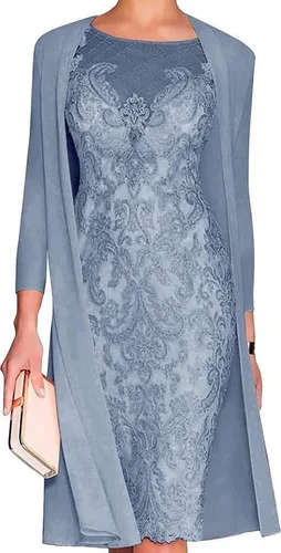 Mother-of-The-Bride-Dresses-for-Wedding Lace Knee Length Chiffon Gowns Dresses 34 Length Sleeves Lace Formal Gowns
