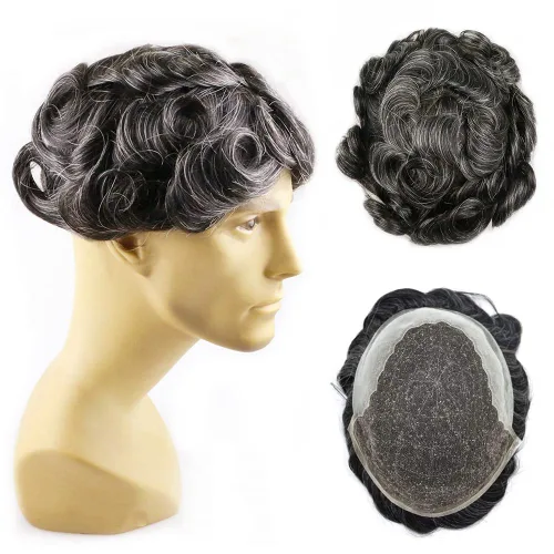 Miniatura 55 de Mens Toupee Swiss Lace Mens Hair Piece Sistema de reemplazo de cabello para hombres Toupee para hombres Cabello humano nudo blanqueado protesis