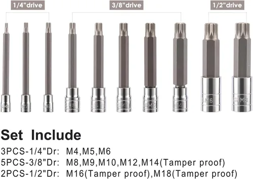 Miniatura 3 de CASOMAN Juego de 10 llaves de punta estriada, tipo M, acero S2 y Cr-V, extralargo de 4 pulgadas de longitud, M4-M18, XZN Triple Square Spline Bit Set