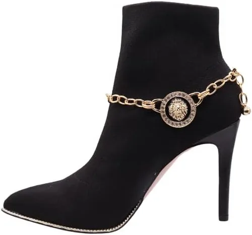 Miniatura 6 de Trendy Fashion Jewelry Cadena de bota occidental para mujer, pulsera de metal dorado, tobillera de tacón alto, moneda de león, medallón con dije