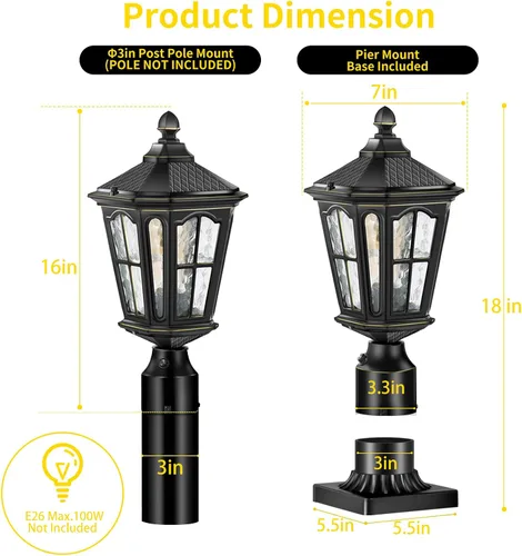 Miniatura 6 de Luces de poste del atardecer al amanecer cableadas de 120 V con base de montaje en muelle, lámpara de poste antioxidante para exteriores con vidrio