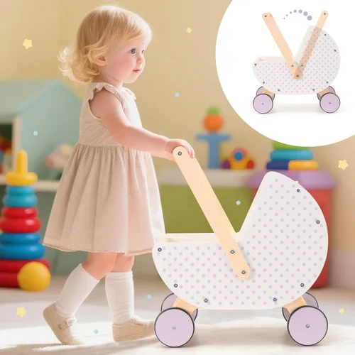 Miniatura 3 de Pillowhale Andador de madera y cochecito de muñeca – Carro de empuje con mango ajustable, antipunta, ruedas silenciosas, carrito de compras