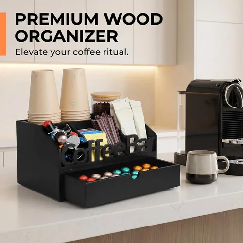 Miniatura 3 de Organizador de Barra de Café para Encimera - Estación Organizadora de Café de Madera, Organizador de Estación de Café para el Hogar & la Oficina