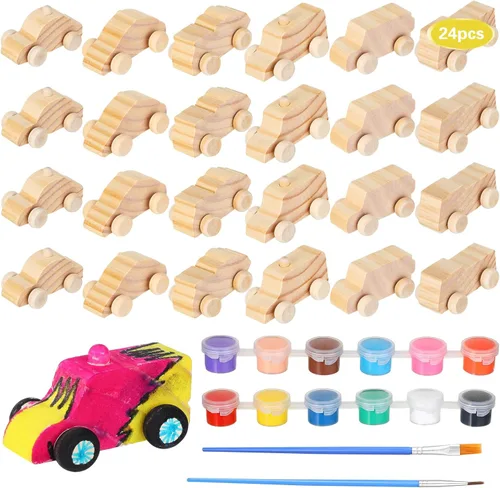 Lenwen 24 piezas de autos de carreras de madera para bricolaje, autos de carreras de madera sin terminar con pintura acrílica de 12 colores, juego