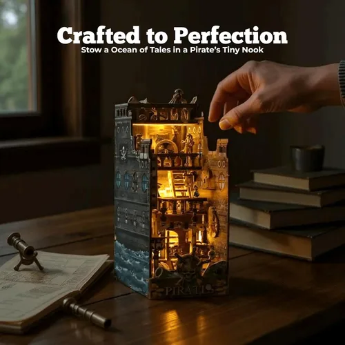 Miniatura 6 de Dreams Delivery - Kit de rincón de libro, barco pirata de 172 piezas, kit de casa en miniatura LED para bricolaje, rompecabezas de madera 3D, kit
