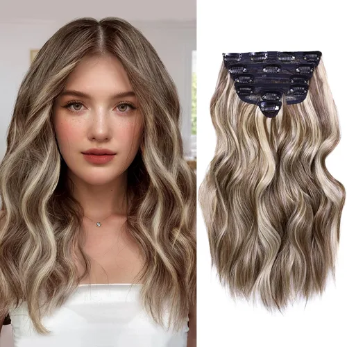 Miniatura 17 de NAYOO Extensiones de cabello con clip, de 20 pulgadas, largo, ondulado, rizado, rubio ceniza, extensiones de cabello sintético de cabeza completa