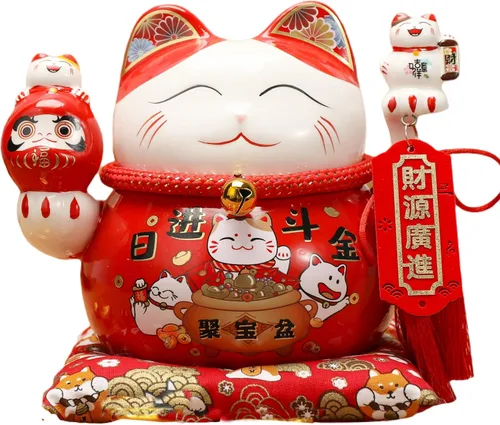 Estatua de la suerte, figuras de gato de cerámica china, estatua de la suerte, alcancía, dinero japonés, fortuna, gato, decoración de regalo para