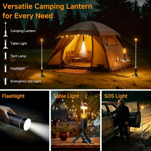 Miniatura 3 de Linterna de camping recargable de 21000mAh, luces de camping telescópicas, linterna de camping magnética plegable con soporte IPX6 impermeable, Negro