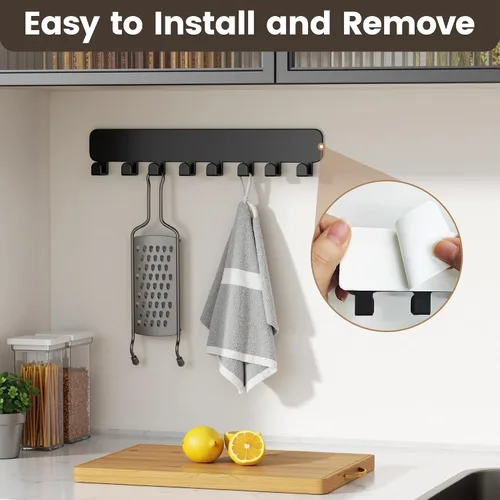Miniatura 6 de pickpiff Soporte para llaves de pared, soporte adhesivo para llaves con 8 ganchos para llavero de automóvil, organizador de llavero de metal, negro
