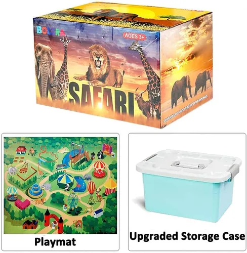 Miniatura 2 de BOLZRA Figuras de animales de safari con tapete de juego de actividades y caja de almacenamiento, juego gigante de plástico realista con león