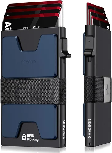 Miniatura 59 de Cartera delgada de aluminio para hombre, placa trasera expandible duradera, bloqueo RFID, billetera desplegable de metal minimalista, con capacidad