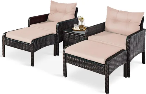 HAPPYGRILL Juego de muebles de patio de 5 piezas para exteriores, juego de conversación de mimbre de ratán con mesa auxiliar, sofás acolchados y