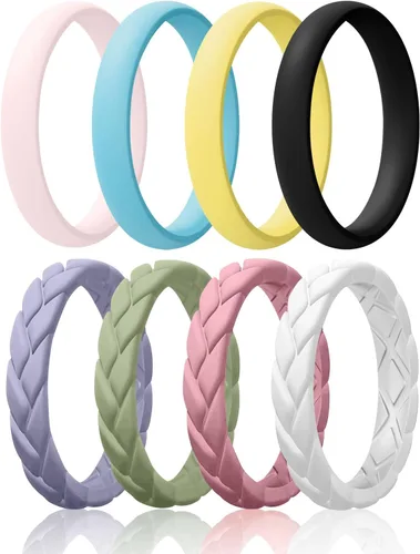 Miniatura 25 de Egnaro Anillos de boda de silicona para ella, conjuntos de novia de goma para mujer, bandas finas, diseño trenzado de hojas apilables con ranuras